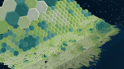 Three-dimensional hexagonal grid with varying colors and heights representing data values