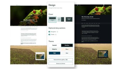 The image shows a web design interface displaying a story layout with a nature theme. 