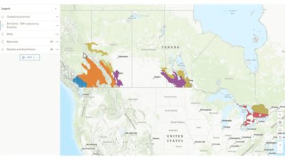 A digital map interface displays parts of Canada and the northern United States with several highlighted habitat regions in bright colors.