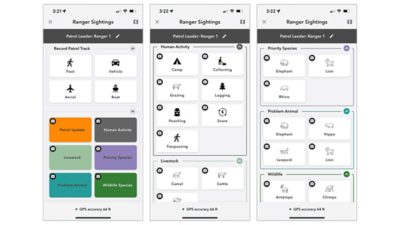 Screenshot of a mobile app interface titled Ranger Sightings displayed on three smartphone screens. 