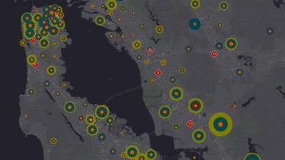 Map with clustered circular markers of varying sizes indicating activity across a region