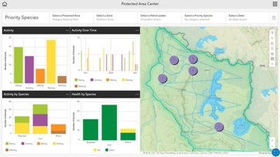 Dashboard with charts and graphs alongside a map displaying tracked locations within a protected area
