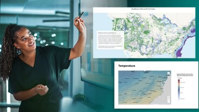 Person presenting maps and data visuals displayed on a screen during a discussion