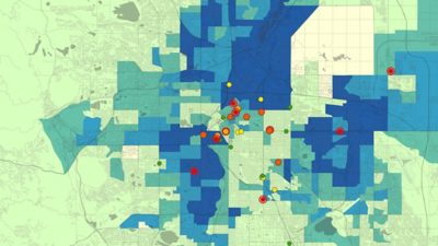 Map with shaded zones and colored points comparing data across different areas