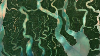 A satellite-style aerial image shows a complex network of winding rivers cutting through dense green forest. 