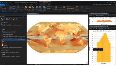 A computer screen displays a climate data visualization dashboard with a central world map showing temperature changes in warm orange tones. 