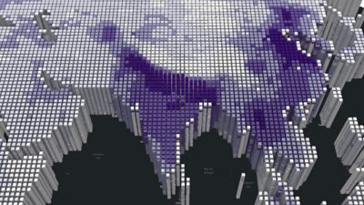 Three-dimensional grid map showing South Asia with raised columns and purple color gradients representing data distribution