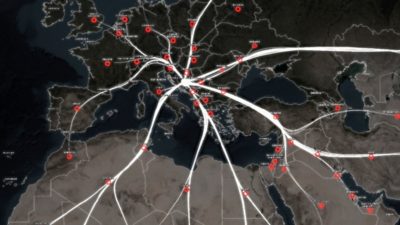 A satellite-style map shows a network of white routes radiating from a central hub in Europe.