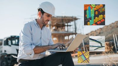 Person wearing a hard hat and casual dress shirt using a laptop with insets of digital asset models