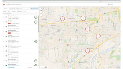 Screenshot of Election Manager app with a list of issues on the left and a map with polling locations
