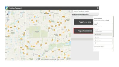 Map of polling places on the Election Assistant app with buttons for reporting wait time and requesting assistance