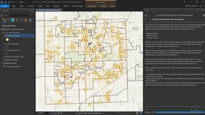 Election Data Management screenshot displaying a filtering menu and a map of voting locations