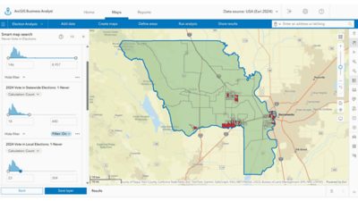 Screenshot from ArcGIS Business Analyst displaying filters and data for people who never vote in elections and a map