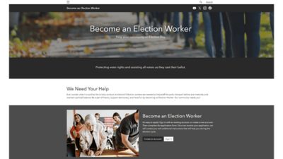 Become an election worker banner and a photo of volunteers at a polling place