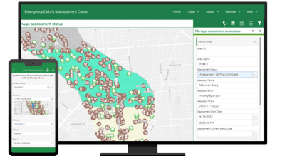 A desktop computer displaying an Emergency Debris Management Center assessment with a map and icons showing the locations of the debris, and a mobile view on a mobile phone