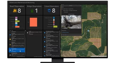 A graphic of a computer monitor displaying a map dashboard with a map of a forest in green and tan, graphs, and various data points