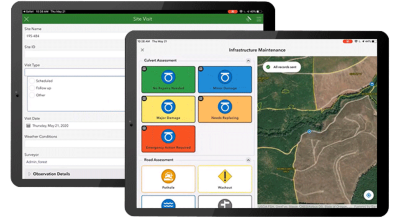 A graphic of two mobile tablets displaying coordinating information, including an aerial photo of farmland, several data points, and various menus