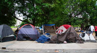 A row of tents set up on a city sidewalk, surrounded by metal barricades and shaded by lush green trees. 