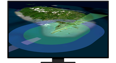 A graphic of a computer monitor displaying airspace over a landmass in blue and green