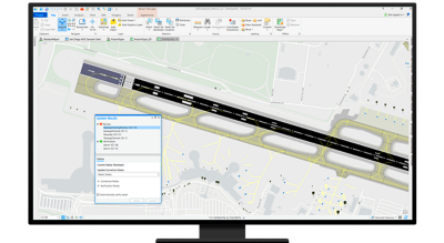 A graphic of a computer monitor displaying an airport runway map and surrounding areas