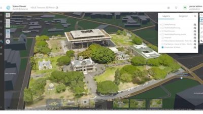 3D model of a sprawling tree-lined structure set in a city block