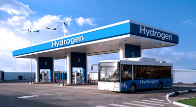 Graphic of a blue and white hydrogen station with a bus parked within under a blue sky scattered with puffy clouds