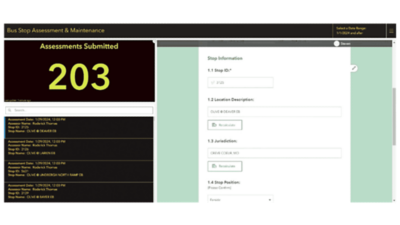 An ArcGIS Dashboards interface displaying inspection metrics next to an assessment survey