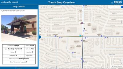An ArcGIS Dashboards interface displaying a map next to data and an image of a bus stop shelter