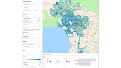 A map of Los Angeles County with some regions highlighted in greens and blues surrounded by menu panels