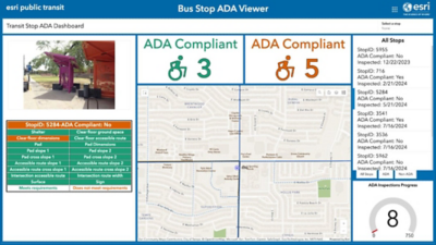 An interface from ArcGIS Dashboards displaying a map and images of ADA-compliant bus stops