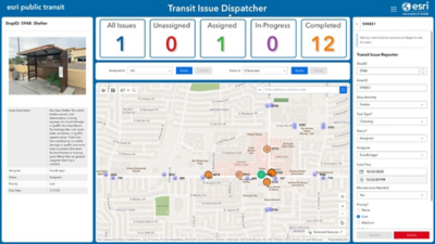 An ArcGIS Dashboards interface displaying a map surrounded by metrics about transit issues