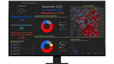 A graphic of a computer monitor displaying a map dashboard in red and blue on a black background