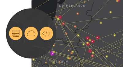 A gray digital map of The Netherlands and Belgium with scattered data points and yellow lines connecting points on the map