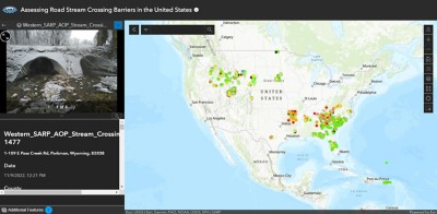 Instant apps snapshot of a map of stream crossing barriers in the United States