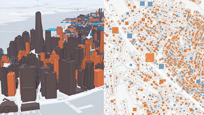 Image fractionnée à l’écran avec un modèle de ville 3D en marron et orange sur la gauche et une carte de concentration avec des points en orange et bleu sur un arrière-plan blanc sur la droite