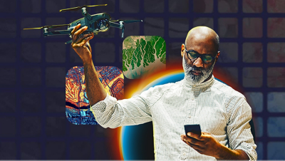 Graphic with a person looking down at a phone in one hand with a drone held high in the other hand, on a geometric blue background with two small colorful maps and a planet’s corona