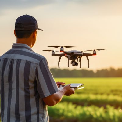 A person standing in a field operates a drone at sunset holding a remote controller while the drone hovers in front of them