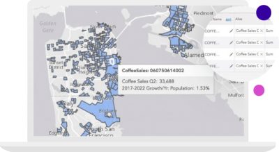 包含以蓝色高亮显示的区域和显示销售额的弹框的灰显地图