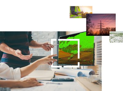 Kuvituskuva, missä kaksi työntekijää tarkastelee kasvillisuushavaintoja ArcGIS-ohjelmiston avulla