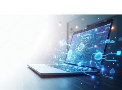 Kuvituskuva, missä läppärin päällä on erilaisia ikoneja