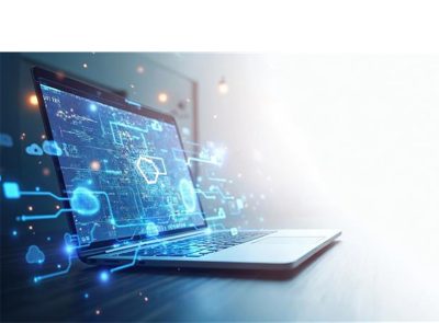 Kuvituskuva, missä on läppärin päällä erilaisia ikoneja.