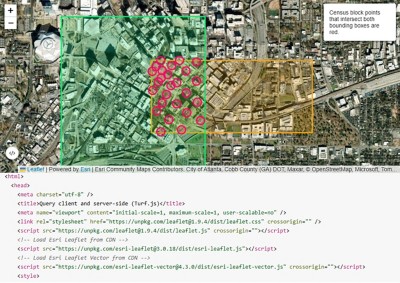 Esri Leaflet map showing two intersecting rectangles and points of overlap with ArcGIS Location Platform spatial analysis.
