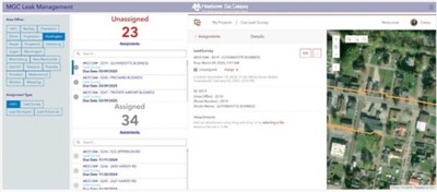 A gas leak management dashboard displays a map of a route, with text saying 23 unassigned tasks and 34 assigned tasks