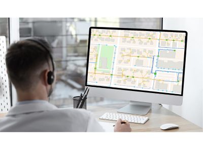 Kuvituskuva, missä toimistotyöntekijä tarkastelee karttaa