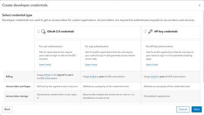 Dialog box to create developer credentials that shows the following: Options between "OAuth 2.0 credentials" for user and app authentication, or "API key credentials" for API key authentication; Information about billing, access token privileges, and storage