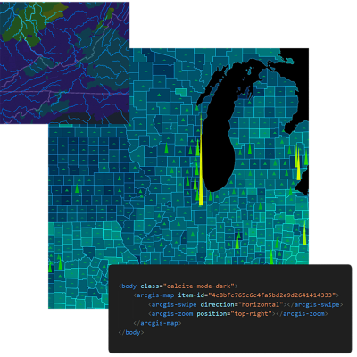 Three images layered on top of each other: A cyan map of Midwestern United States showing data points in green triangles of varying sizes; a dark blue inset map on the upper left showing rivers and terrain features; and a snippet of developer code inset on the bottom right