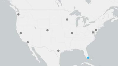 Map of the United States of America with a location tag indicating the Esri Training Office in Coral Gables, Florida