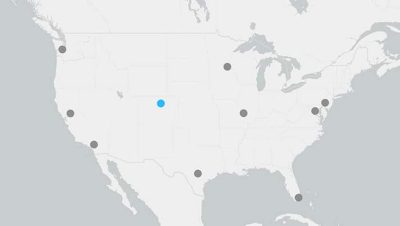  Map of the United States of America with a location tag indicating the Esri Training Office in Louisville, Colorado