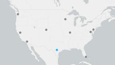  Map of the United States of America with a location tag indicating the Esri Training Office in San Antonio, Texas