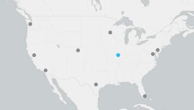  Map of the United States of America with a location tag indicating the Esri Training Office in St. Louis, Missouri